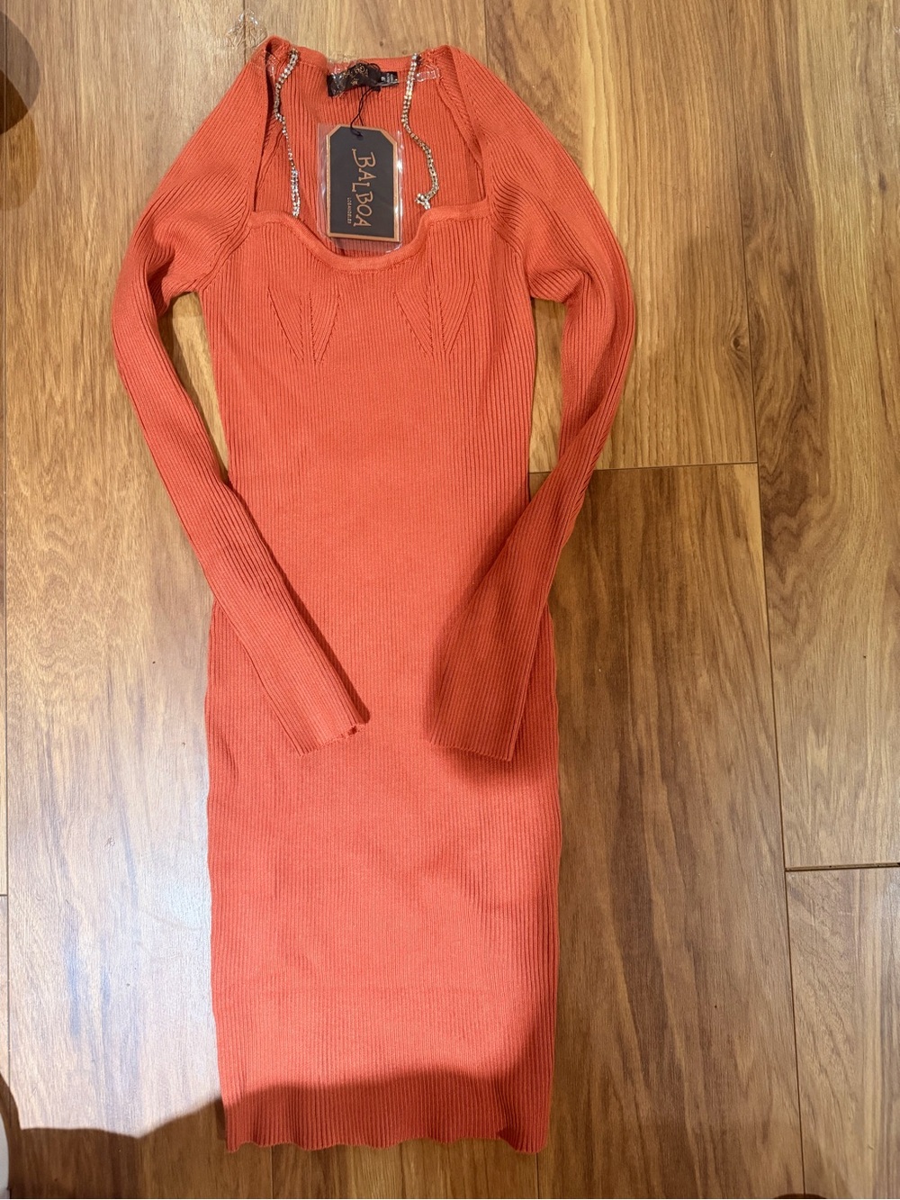 Orange Ribbed Long-Sleeve Knit Dress